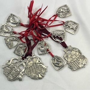 Longaberger Pewter Ornament Basket Tie-On Lot Of 12